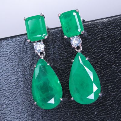 925 Sterling silver Long Drop Earrings with Green stone Created Emerlad Diamonds Gemstones Fine Jewelry For Women  Trend