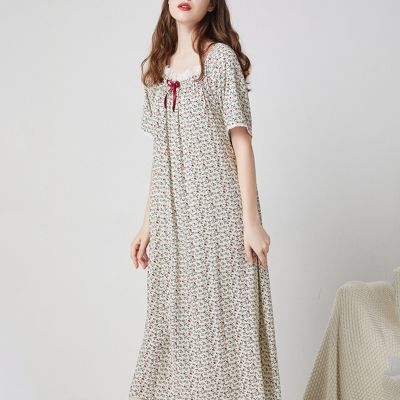 【jw】◘  Nightgown Cotton Short Sleeve Dot Nightwear Womens Dressing Gown Size Nightdress