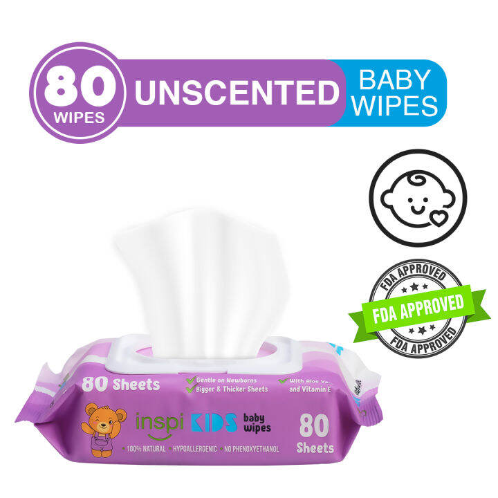 INSPI Kids Baby Wipes Unscented 80 Tender sheets 1 Pack Wet Wipes for