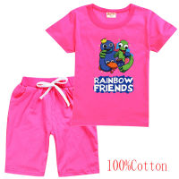 Rainbow Friends Ro Bloxs ชุดกีฬาลำลองแฟชั่นสำหรับผ้าฝ้ายเด็กผู้หญิงและผู้ชาย,เสื้อยืด + กางเกงขาสั้นลายการ์ตูนแขนสั้น0000