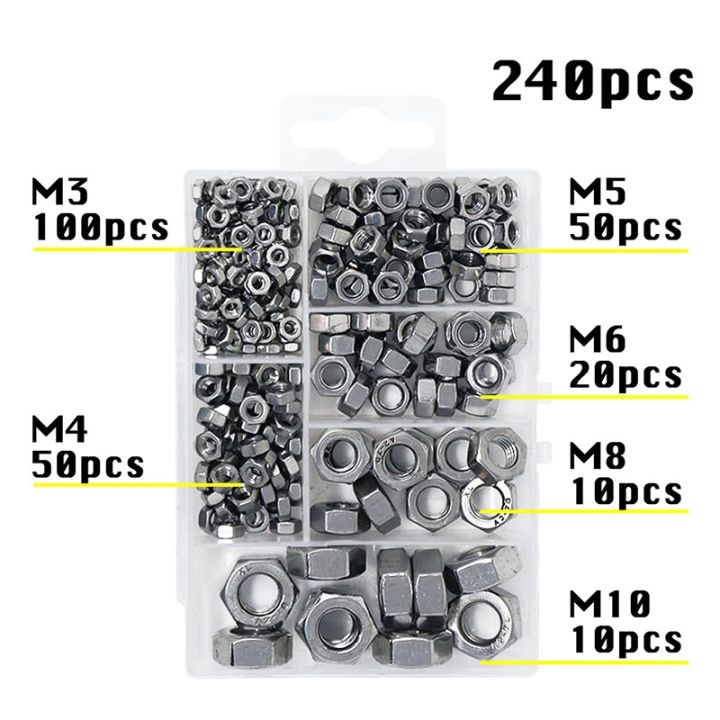 t-k-excellent-304-stainless-steel-hex-hexagon-nuts-m3-m4-m5-m6-m8-m10-kits-240-pcs-hex-hexagon-self-locking-nut-kit