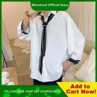 MARUHOOL เสื้อผูกเน็คไทแขน9/4สีขาวบริสุทธิ์ของผู้ชาย,ฉบับภาษาเกาหลีทรงหลวมอินเทรนด์และใช้งานได้หลากหลายสไตล์มหาลัยเชิ้ตคู่รักหล่อสำหรับนักเรียน