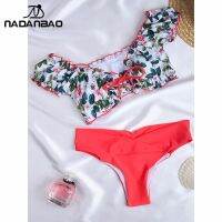 【TAKU Swimsuit】 NADANBAO ชุดว่ายน้ำบิกินี่สตรีพิมพ์ลายใบไม้ดอกไม้สำหรับผู้หญิงเอวสูงเซ็กซี่ชุดชายหาดฤดูร้อนผ่าข้างสำหรับผู้หญิง