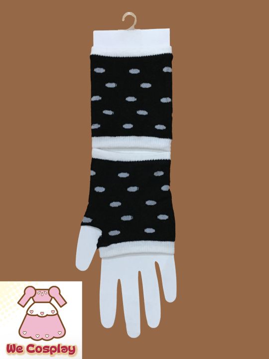 ถุงมือพังค์ สีดำ ลายจุดขาว Punk Black and White Polka Dots Gloves