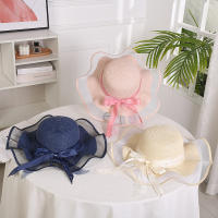 Summer Lace Brim Womens Sun Hat Bowknot Beige Party Beach Cap Fashion Sun Protection Floppy Girls Straw Hats For Female