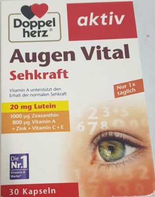 วิตามินบำรุงสายตาจากเยอรมัน DoppelHerz Aktiv Augen Vital Sehkraft  Exp2024 เป็นแพคเกจใหม่เพิ่มปริมาณลูทีนเป็น 20 mgและซีแซนทีน 1000