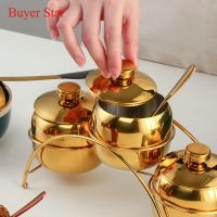 hotx【DT】 Gold Seasoing Can 304Stainless Bottle Spice Jars With Lid Spoon Tableware Metal Storage Containers Holder Rack