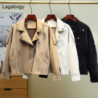 Lagabogy ใหม่ฤดูใบไม้ร่วงผู้หญิงแจ็คเก็ตหนังสั้นเปิดลงปกซิป Moto Biker เสื้อสุภาพสตรีสีดำพังก์ทนกว่า