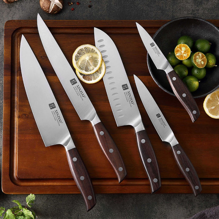 HEZHEN 6PC knife Set Stainless Steel Kitchen Tools Cook Knives Basic Series  Chef Cleaver Santoku Utility Paring Bread Knives