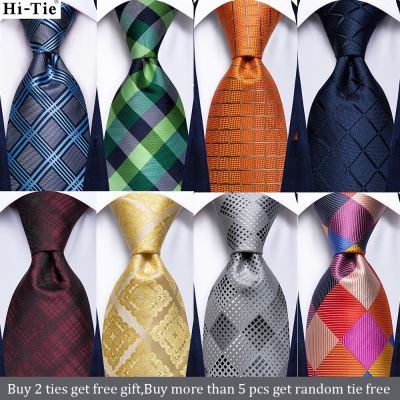 Luxury Silver Blue Plaid Gift Tie For Men Silk Wedding Tie Handky Cufflinks Set Fashion DesignBusiness Party Hi Tie Dropshipping