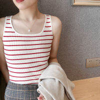 Women Tops Red Striped Tank Top with Color-blocking Sweater U-neck Wide Suspenders Sleeveless Top Women