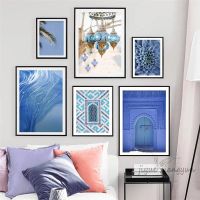 2023 ☎ Poster Beach Palm Leaf Plant Wall Blue Moroccan Coast Painting Scandinavian Prints Picture Living Room Customizable