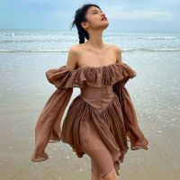 ✓ Vintage Brown Corset summer dresses woman 2022 Pleated Long Sleeve Ruffled Beach Walk Sexy Mini Dress female Sundress