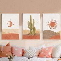 Boho บทคัดย่อทะเลทรายภูมิทัศน์โปสเตอร์ Sun Moon Mountain Cacti Camel Wall Art ภาพวาดผ้าใบ-ภาพผนังสำหรับตกแต่งห้องนั่งเล่น