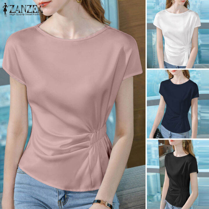 3 Days Delivery Esolo Zanzea Korean Style Women Silky Satin Shirt Tops Short Sleeve O Neck