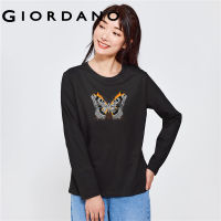 GIORDANO Women Pets Series T-Shirts Stylish Butterfly Print 100% Cotton Tee Crewneck Long Sleeve Fashion Casual Tshirts 99393324