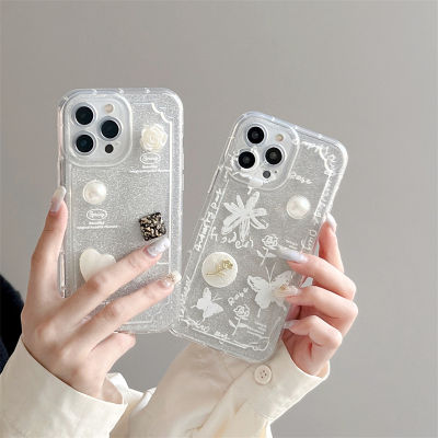 Doodle Stereo Rose Case สำหรับ iPhone14 silver glitter cell phone case for iPhone12ProMax เคสโทรศัพท์ 3D Pearl สำหรับ iPhone13 เคสซิลิโคนใสสำหรับ iPhone11