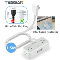 Ultra Thin Flat Extension Cord Multiple Outlets with 4 AC &amp; 3 USB, TESSAN Surge Protector Flat Plug Power Strip 4 Wide Spaced AC Outlets 3 USB, 900 Joules 5FT Extension Cord for Home Office Dorm