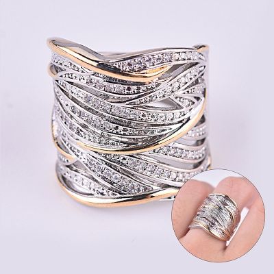 [MM75] หญิงแหวนหมั้นแฟชั่นทอง925สีเงินหลายชั้นคดเคี้ยวแหวนเครื่องประดับของขวัญหรูหราเต็มคริสตัลกลวงบิด