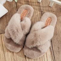 (ETX)ETXWomen Fashion Warm Fluffy Slippers Cozy Faux Fur Cross Indoor Floor Slides Flat Soft Furry Ladies Female Celebrities Flip Flops