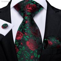 ○ Red Rose Floral Green Silk Ties for Men Classic 8cm Business Wedding Party Accessories Pocket Square Cufflinks Gift Dropshipping