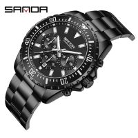 ⌚SANDA หรูหราสายรัดเหล็กปฏิทินนาฬิกาควอตซ์ง่ายผู้ชายสามเข็มสีเขียวน้ำผีเรืองแสง5306นาฬิกาสำหรับผู้ชาย