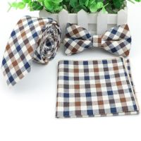 Cotton Tie Set Mens Designer Skinny Plaid Necktie Bowtie Pocket Square Suit Ties Butterfly Handkerchief Lots