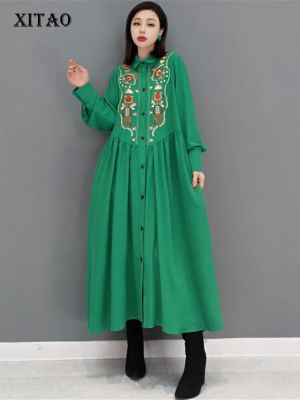 XITAO Dress Long Sleeve Vintage Women Embroidery Shirt Dress