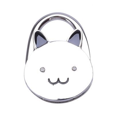 Black Cat Cartoon Foldable Silver Tone Handbag Hook Antislip Rubber Base