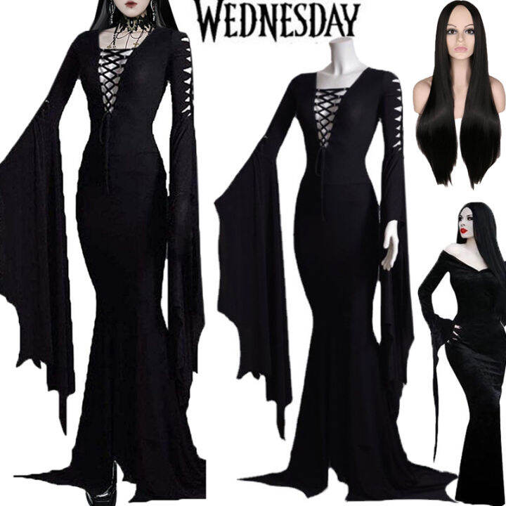 Movie Addams Family Costume Morticia Addam Cosplay Dress Strap Gothic 