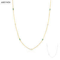 ANDYWEN 925 Sterling Silver Gold Green Zircon Long Chain Choker Necklace Tiny Women Luxury Wedding Jewelry For Party Neck