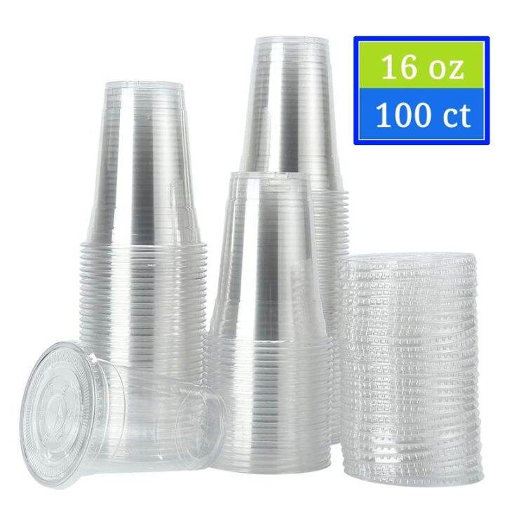 100 Sets 450Ml (16 Oz) Clear Plastic Cups With Lids Disposable Party