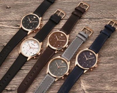 Armani นาฬิกาควอตซ์แฟชั่นสำหรับผู้ชาย,นาฬิกาข้อมือนาฬิกาสายหนังหน้าปัดสีทองแบบเรียบง่ายสำหรับผู้ชาย