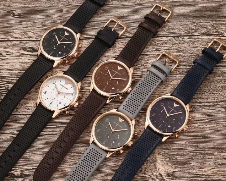 armani-นาฬิกาควอตซ์แฟชั่นสำหรับผู้ชาย-นาฬิกาข้อมือนาฬิกาสายหนังหน้าปัดสีทองแบบเรียบง่ายสำหรับผู้ชาย