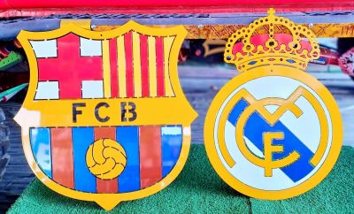 โลโก้เอลกลาชิโก้Barcelona&amp; Real Madrid เหล็กตัดเลเซอร์สเกลยาว 60 cm.กว้าง59/43cm หนา 3 mm หนัก 4.5 kg เทำสีเหมือนจริงใช้สี2K สีพ่นรถยนต์ภายนอกแข็งแรง