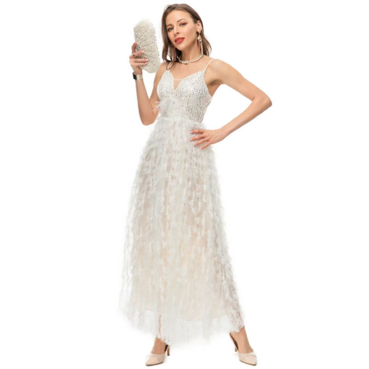 decollete-ผู้หญิงพิธีสายสปาเก็ตตี้-v-คอเซ็กซี่-backless-ความยาวชั้น-glitter-sequins-สีขาว-fluffy-feather-dress-party-wear