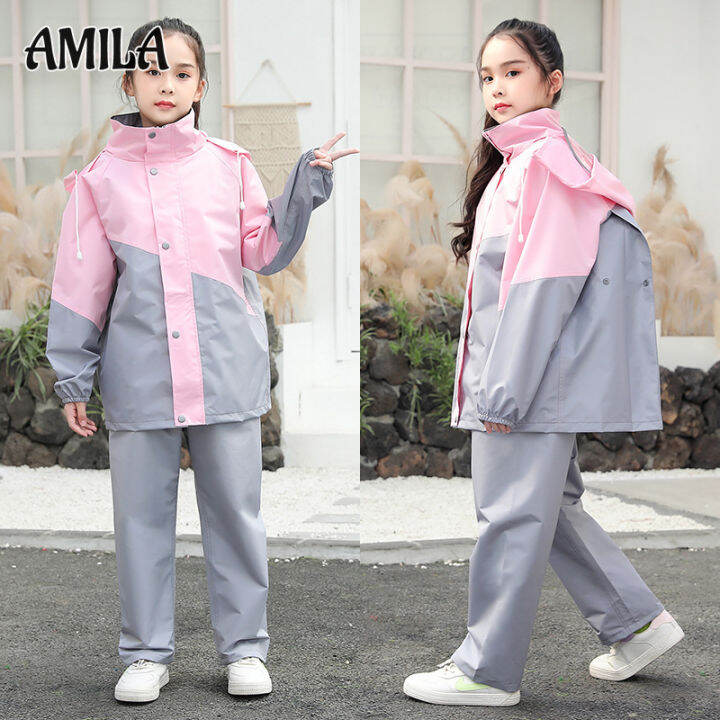 amila-ชุดเสื้อกันฝนกางเกงกันฝนเด็กประถมและมัธยมแยกชายหญิงแจ็คเกตกันน้ำเต็มรูปแบบ