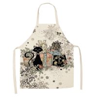 Cute Cat Pattern Kitchen Apron Linen Adult Kids Bibs Home Cleaning Aprons Home Cooking Baking Accessories Aprons 68x55cm Aprons