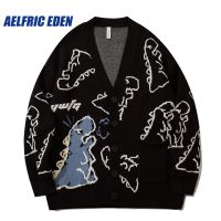 Aelfric Eden Dinosaur เสื้อสเวตเตอร์ถักรูปการ์ตูนฮิปฮอปวินเทจเสื้อกันหนาวแบบถักขนสัตว์ใส่สบายย้อนยุค Hipster Streetwear