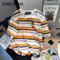 PEAR DODO เสื้อยืดแขนสั้นสำหรับผู้หญิงรอบคอหลวมลายทางวินเทจสไตล์เกาหลี