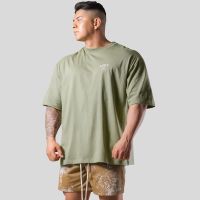 Gym Fitness Shirt Mens Running Sports Loose Oversized T-shirt Short Sleeve Cotton Summer Mens Bodybuilding Workout Top Mens