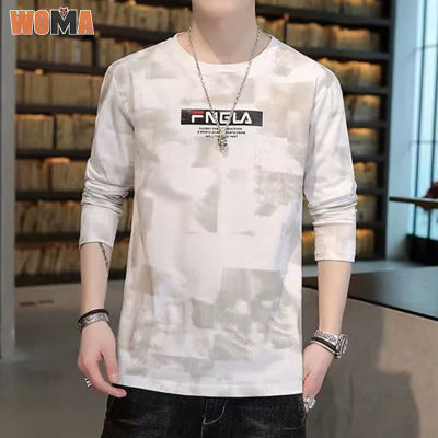 WOMA เสื้อแขนยาวผู้ชาย เสื้อฮู้ดแฟชั่นสไตล์เกาหลีสำหรับผู้ชาย,เสื้อยืดเสื้อแขนยาวคอกลม