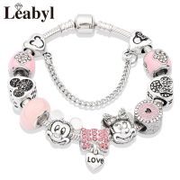 Leabyl HOT Pink Enamel Crystal Mickey Minnie Charm Bracelets Silver Color Heart Cartoon Bead Jewelry for Women Girl Gift