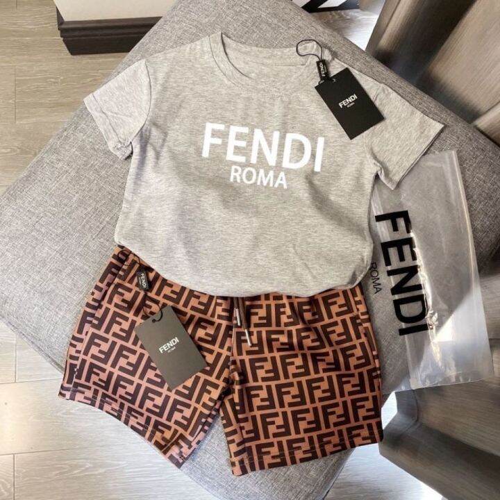 fendi-ใหม่ฤดูร้อนสบายๆสองชิ้นเด็กชายและเด็กหญิงผ้าฝ้ายกางเกงขาสั้นแขนสั้น