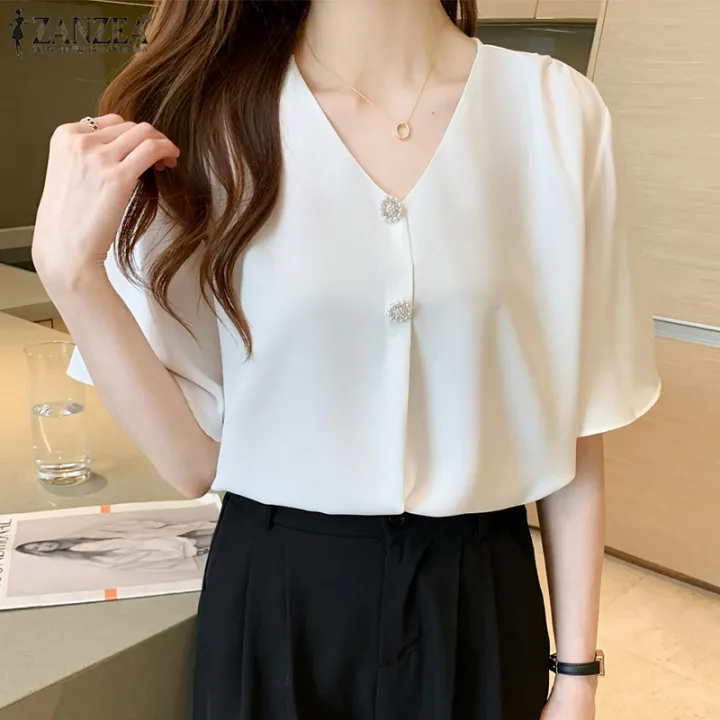 Celmia Zanzea Korean Style Women Flare Sleeve V Neck Chiffon Shirts Office Ladies Tops Formal 2388