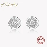 Ailmay High Quality Fashion 925 Sterling Silver Shiny Zircon Round Stud Earring for Women Wedding Engagement Jewelry Gift