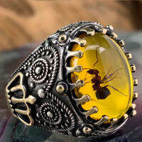 Mens Oval จำลอง Amber Stone Statement แหวนคลาสสิก2 Tone Alloy Band เครื่องประดับชาย Gift