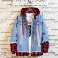 [COD] 2022 autumn new hooded Korean style casual fake two-piece splicing denim plaid jacket hole tide