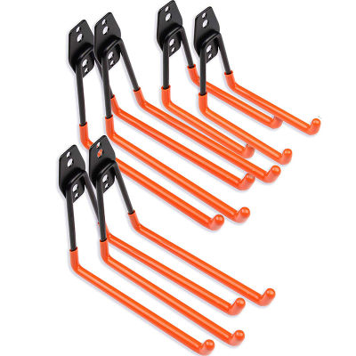 Steel Garage Storage Utility Double Hooks, Easy to Install Wall Mount Hangers for Organizing Large Tools, Anti Slip Design Holding Ladders, Chairs, Bulk Items, Pack of 6