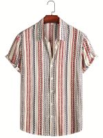 xixibeauty Mens Vintage Lapel Shirt - Casual Button Up Short Sleeve with Vertical Stripes and Geometric Graphics for Spring and Fall Outdoor Activities